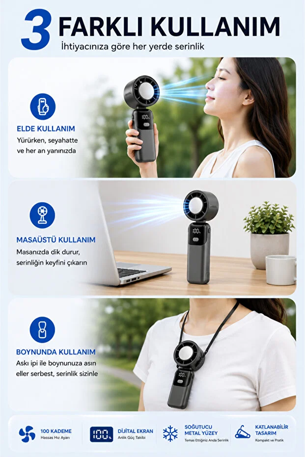 100 Kademeli El Tipi Turbo Fan Soğutucu Metal Yüzeyli Dijital Ekranlı Katlanabilir Taşınabilir Mini Vantilatör